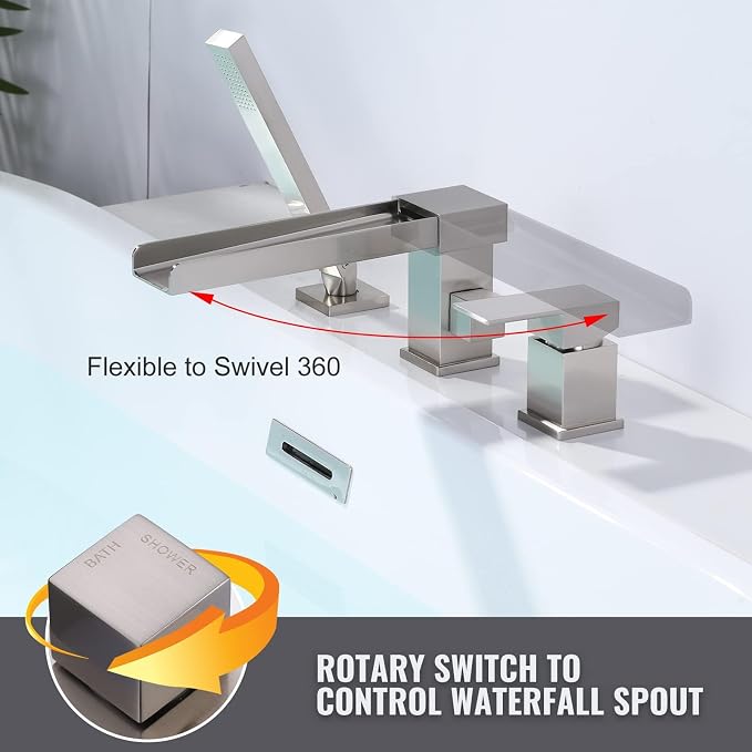 Waterfall Roman Tub Filler Faucet, Deck Mount Bathtub Filler - Image 2