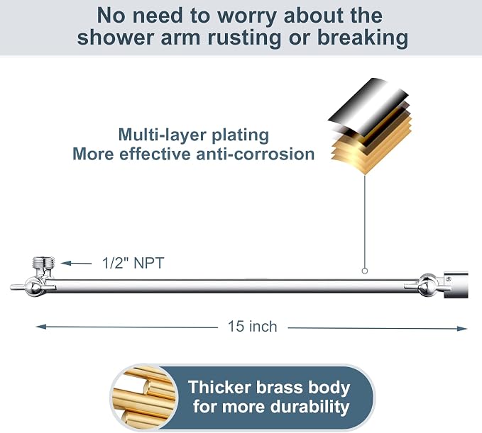 BRIGHT SHOWERS 15 Inch Extra Long Shower Head Extension Arm, Solid Brass Shower - Image 2