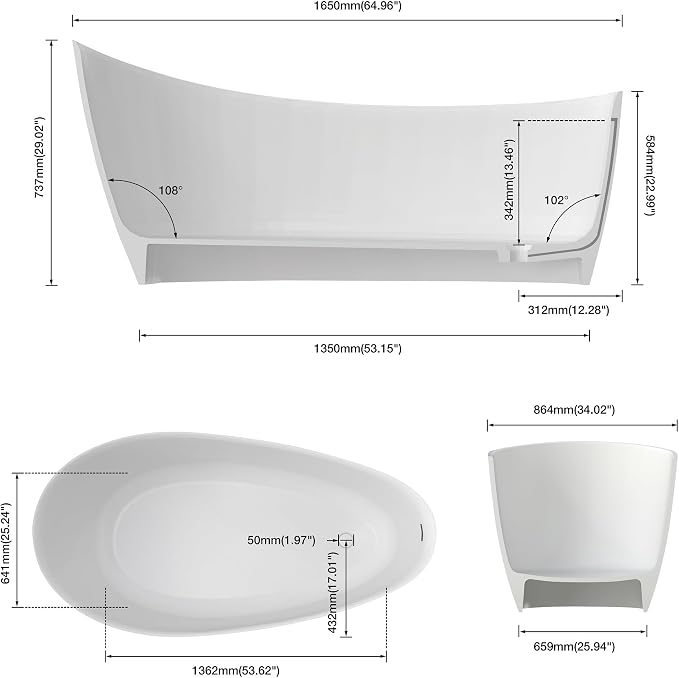 Premium Unique 65" Solid Surface Freestanding Tub, Upgraded Matte White Stone - Image 6