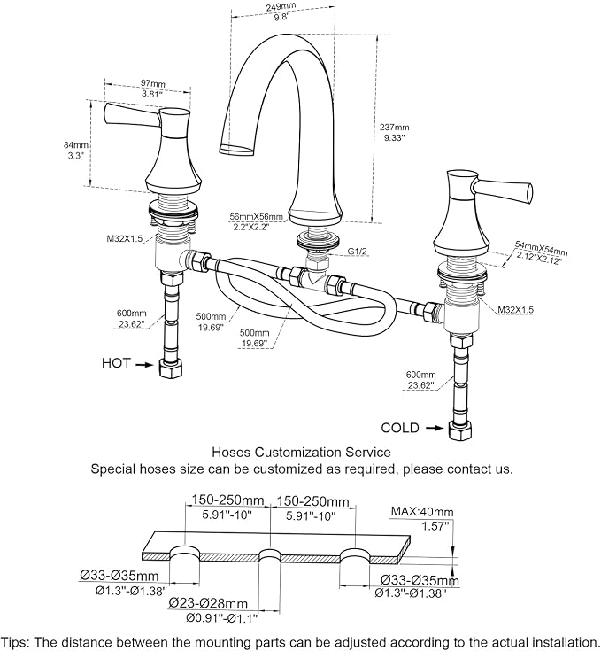 Roman Tub Faucet Deck Mount Tub Filler 2 Handles Black Bathtub Faucet Brass - Image 2