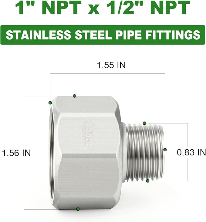 TAISHER 5PCS 304 Stainless Steel Pipe Fitting, 1/2" NPT Male x 1" NPT Female - Image 2