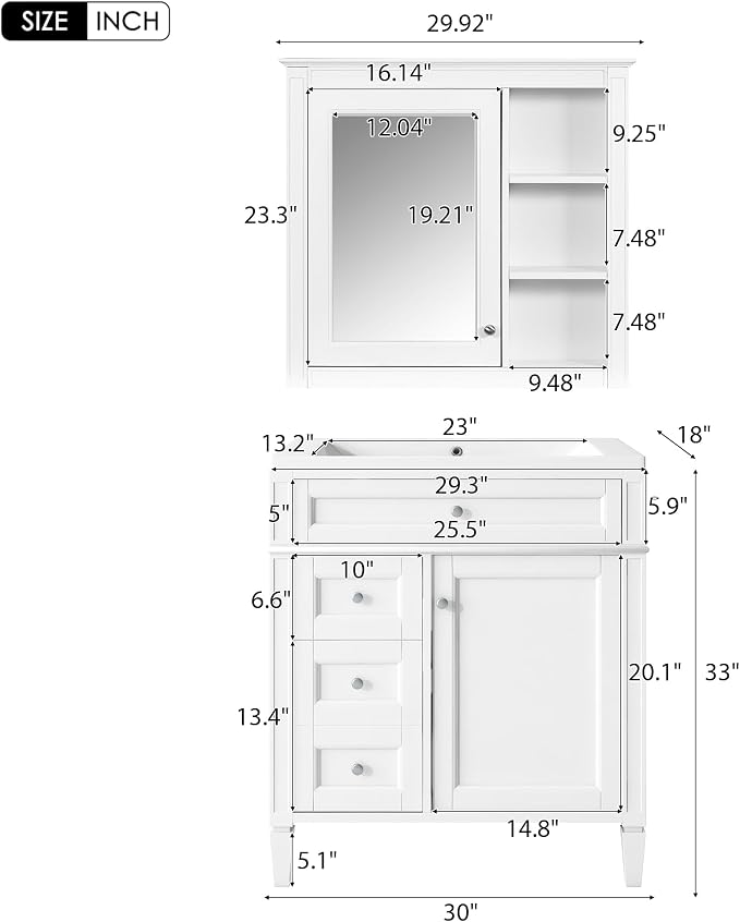 30" Bathroom Vanity with Matching Medicine Cabinet, Modern Sink Storage Cabinet - Image 2