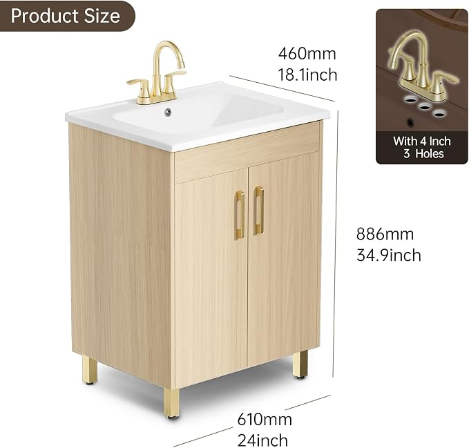 phiestina 24 Inch Fully Pre-Assembled Oak Bathroom Vanity, Bathroom Vanity - Image 3