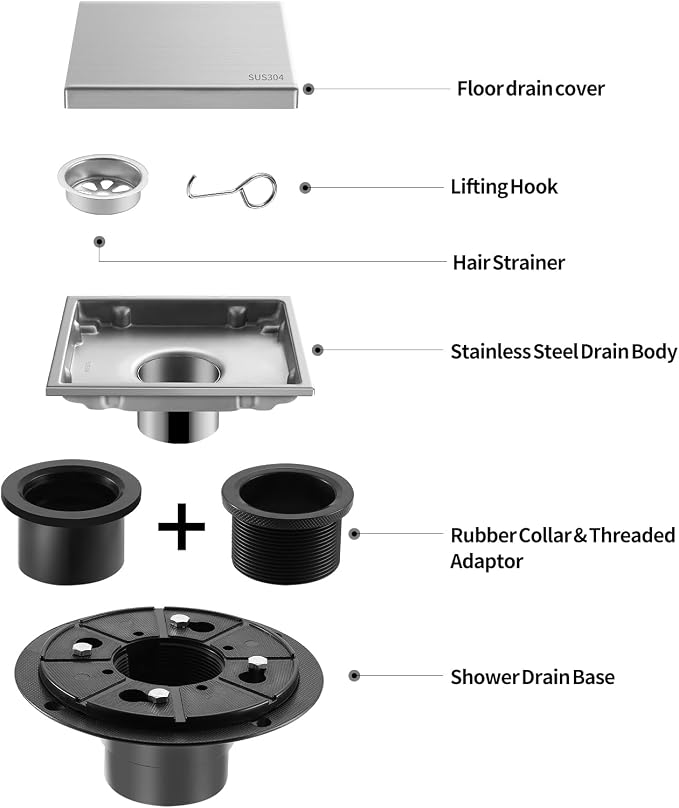 Hidden Brushed Square Shower Floor Drain, 304 Stainless Steel, - Image 2