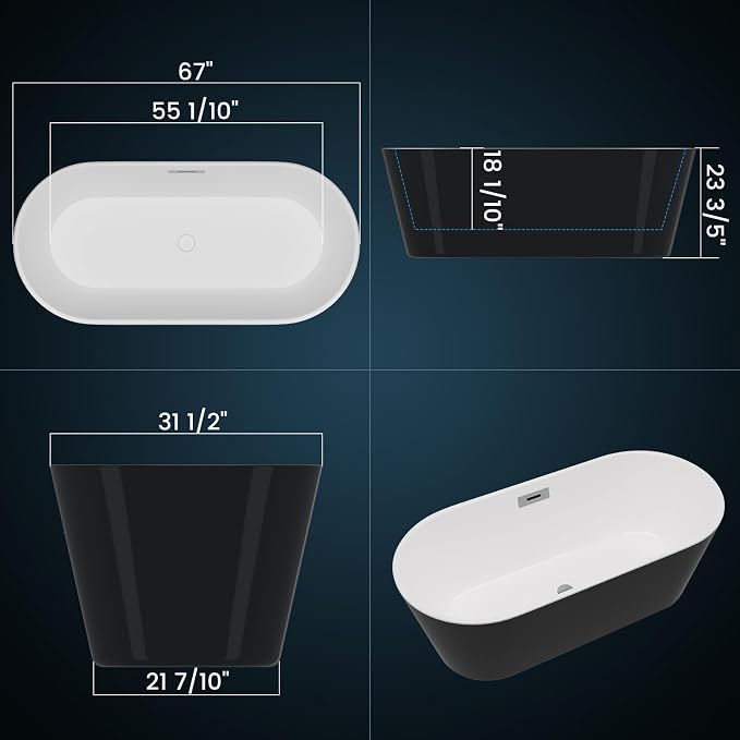 Freestanding Bathtubs 67 inch Black and White Acrylic Free Standing Bath Tub - Image 2