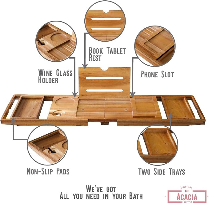 XcE Foldable Acacia Wood Bathtub Caddy Tray - Image 3