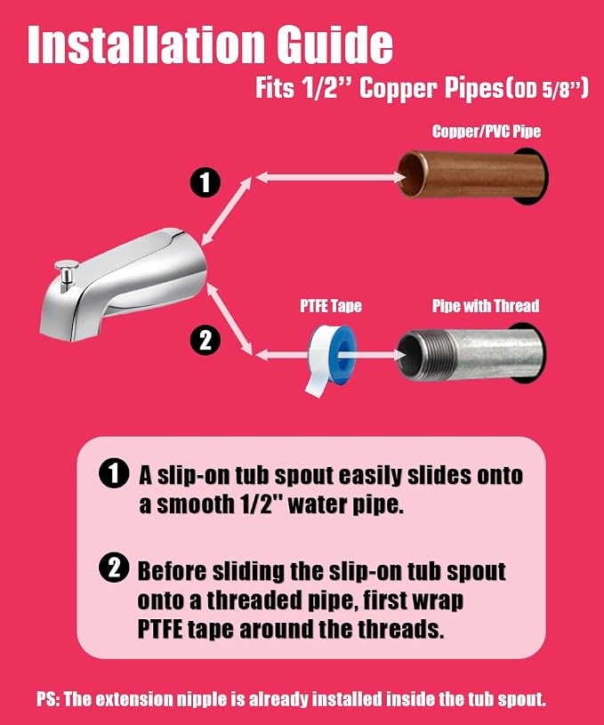 Tub Spout with Diverter, Slip On Bathtub Spout Fits 1/2'' Copper Tube, Bathroom - Image 7