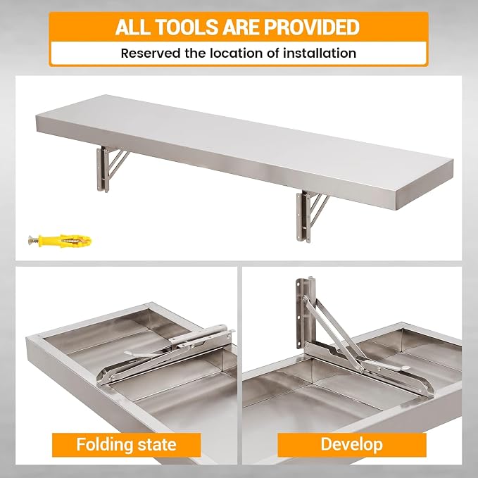 Folding Concession Shelf 48" L x 12" W, Stainless Steel Folding Serving Food - Image 3