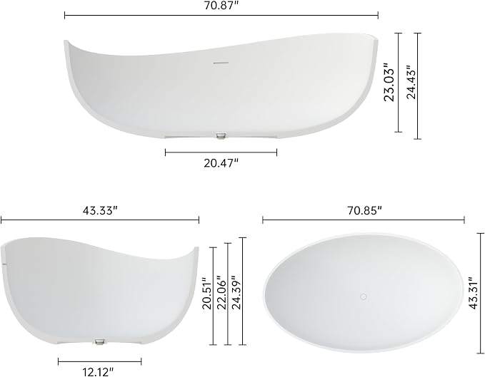 Stone Resin Freestanding Bathtub 71", Elegant Oval Shape Soaking Tub, Solid - Image 5