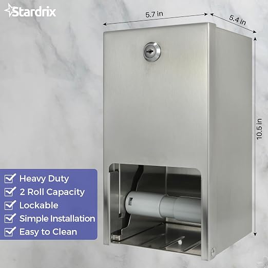 2 Roll Stainless Steel Commercial Toilet Paper Dispenser, Heavy Duty Wall Mount - Image 7