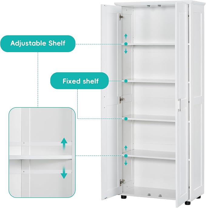 Tall Wide Storage Cabinet with 2 Doors and 4 Adjustable Shelves, Wood White - Image 5