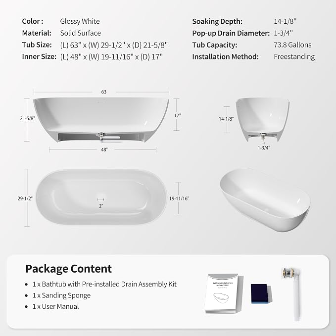 Abruzzo 63" Freestanding Solid Surface Bathtub - Image 5