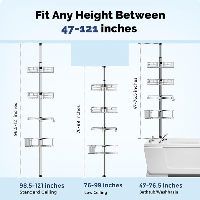 HAMITOR Corner Shower Caddy Tension Pole: Quick Installation 4-Tier Rustproof - Image 2