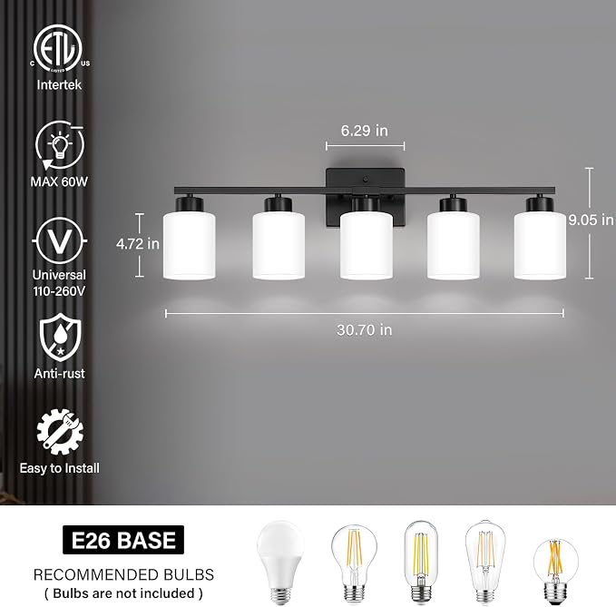 Black Bathroom Light Fixtures, 5-Light Modern Vanity Light Over Mirror - Image 2
