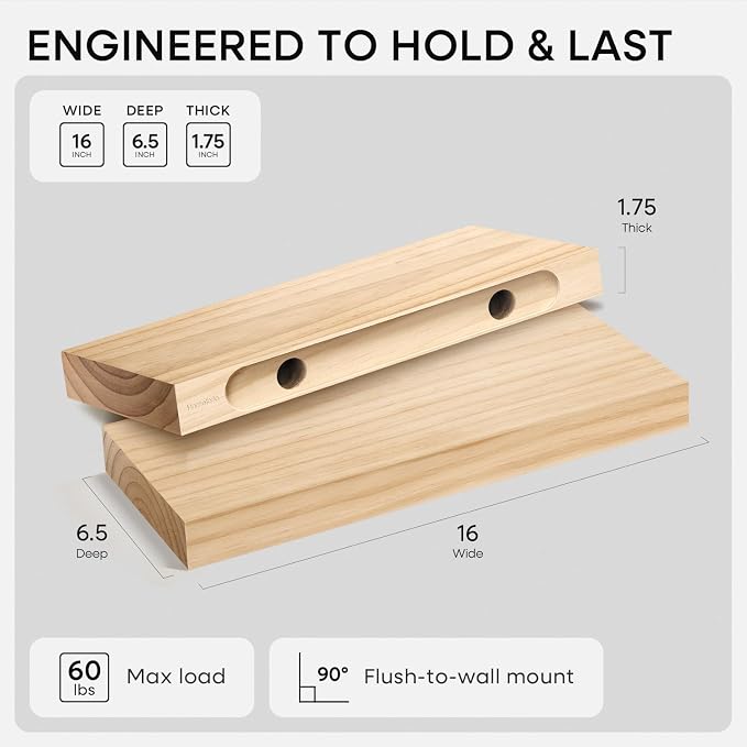 Homeforia 16 inch Natural Floating Shelf, High End Solid Real Wood 16inch Small - Image 3
