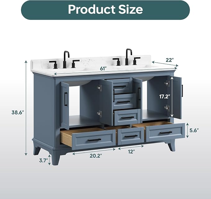 60 Inch Bathroom Vanity Double Sink, Fully Assembled Solid Wood Frame Double - Image 7