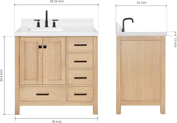 ARIEL Cambridge 36 Inch Oak Bathroom Vanity - Image 2