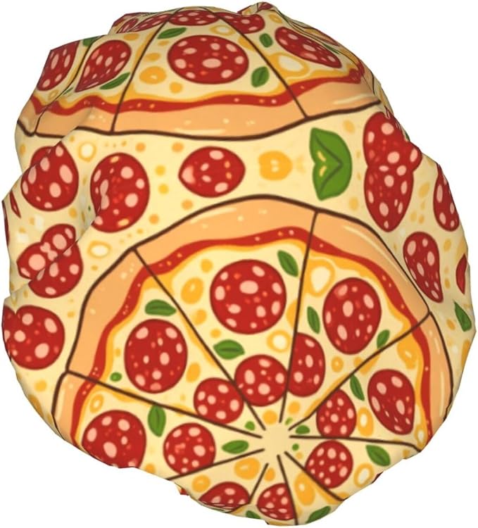 Double Layers Shower Caps for Women, Pepperoni Pizza Art Hair Bath Hat Reusable - Image 2