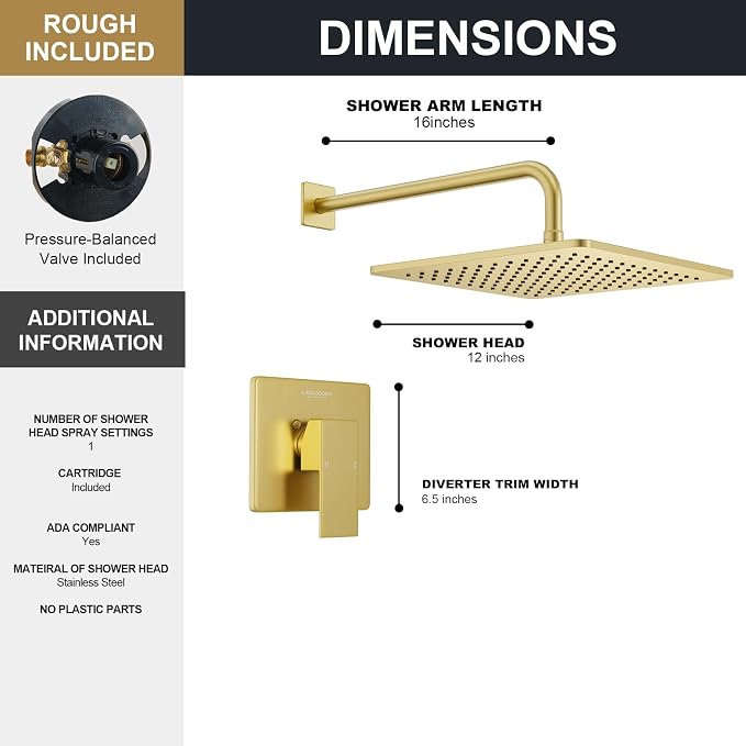 Lava Odoro 12-inch Modern Square Shower Faucet Set Brushed Gold, Shower Trim Kit - Image 6