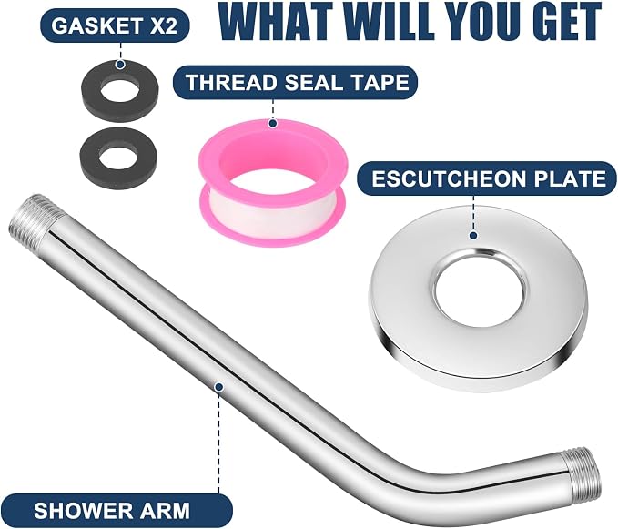 Shower Arm with Flange, 8 Inch Chrome Shower Pipe, Wall Mount Replacement Angle - Image 7