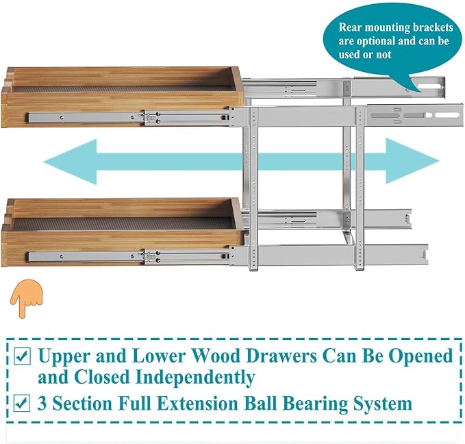 OCG 2 Tier Pull Out Drawers For Cabinets, Double Tier Slide out Wood Cabinet - Image 5