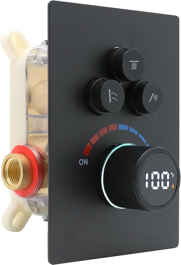 Solid Brass Shower Mixer Valve, Concealed 3 Way Outlet LED Digital Display by Backnets