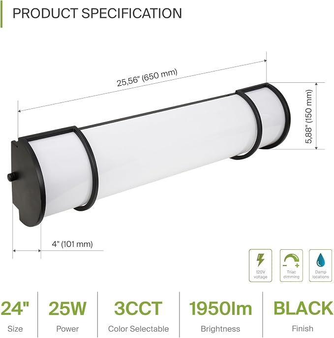 ASD LED 24" Vanity Flush Mount Light Fixture, Linear Bathroom Lighting Bar | - Image 2