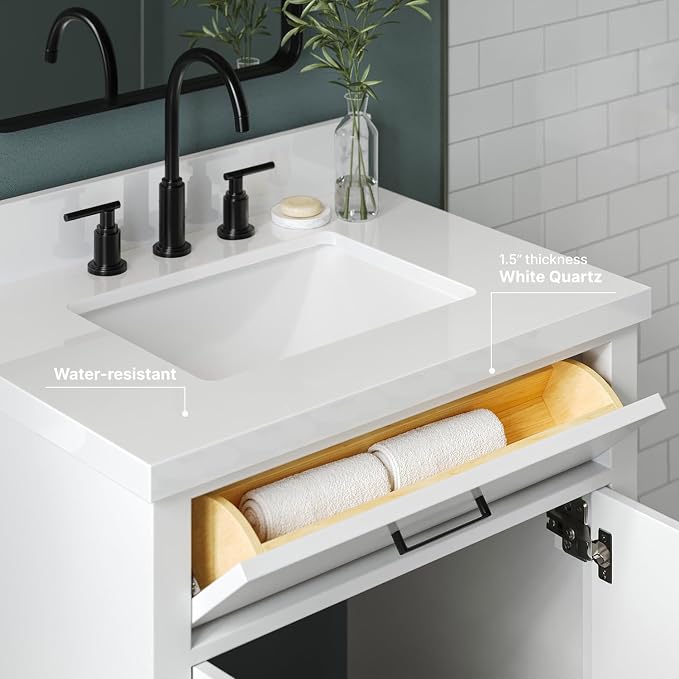 ARIEL 31" Bathroom Vanity with Single Sink, Quartz Top 1.5" Edge, Solid Wood - Image 4