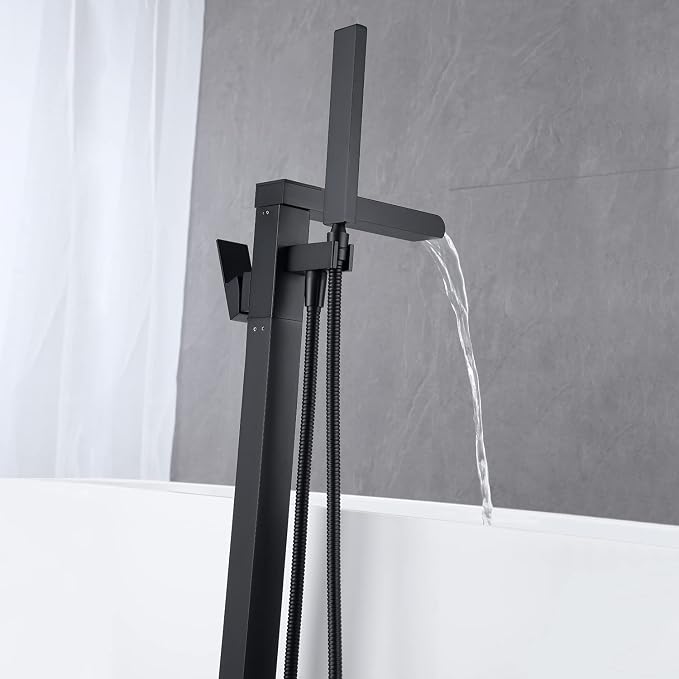 Waterfall Tub Filler Freestanding Bathtub Faucet Black Floor Mount Brass Single - Image 4