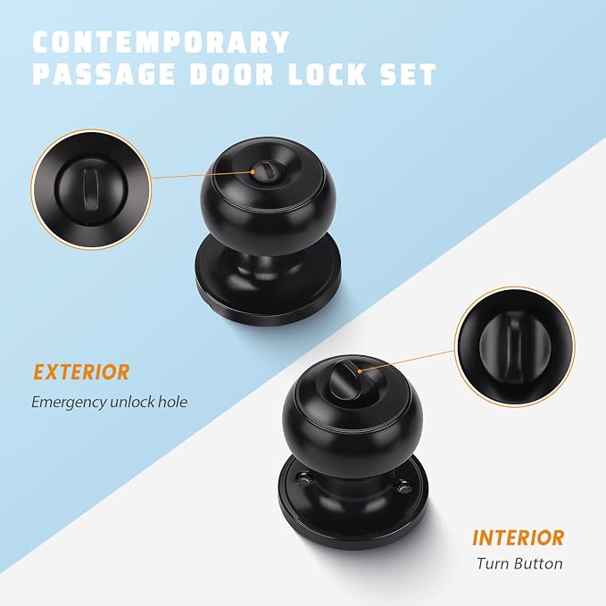KNOBWELL 5 Pack Matte Black Door Knobs Privacy Door Knob - Image 2