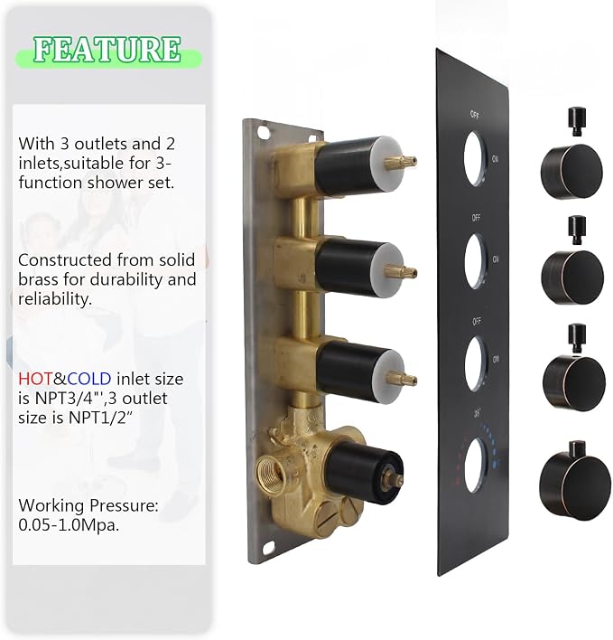 HOMEDEC Oil Rubbed Bronze 3 Way Shower Diverter Valve Brass Three Functions - Image 6