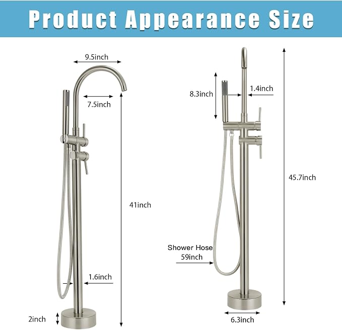 Floor Mount Bathtub Faucet，Freestanding Tub Faucet ，High Flow Dual Function 360 - Image 6