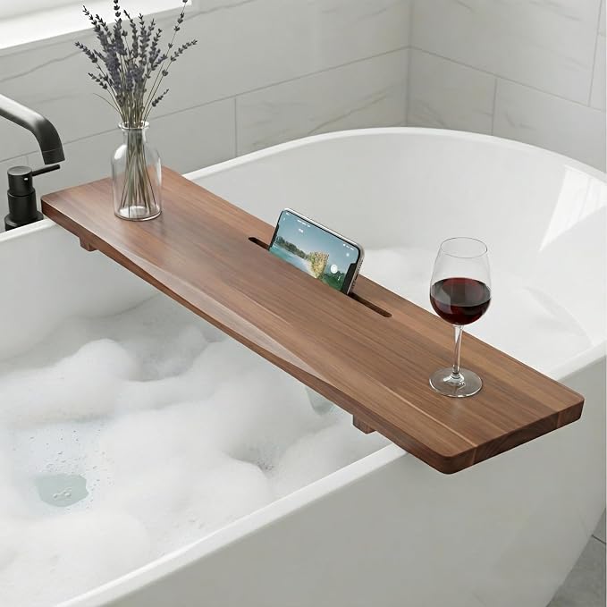 Acacia Wood Bathtub Tray Caddy for Freestanding Tub, 35 Inch Adjustable Bath by QoQoLiLi