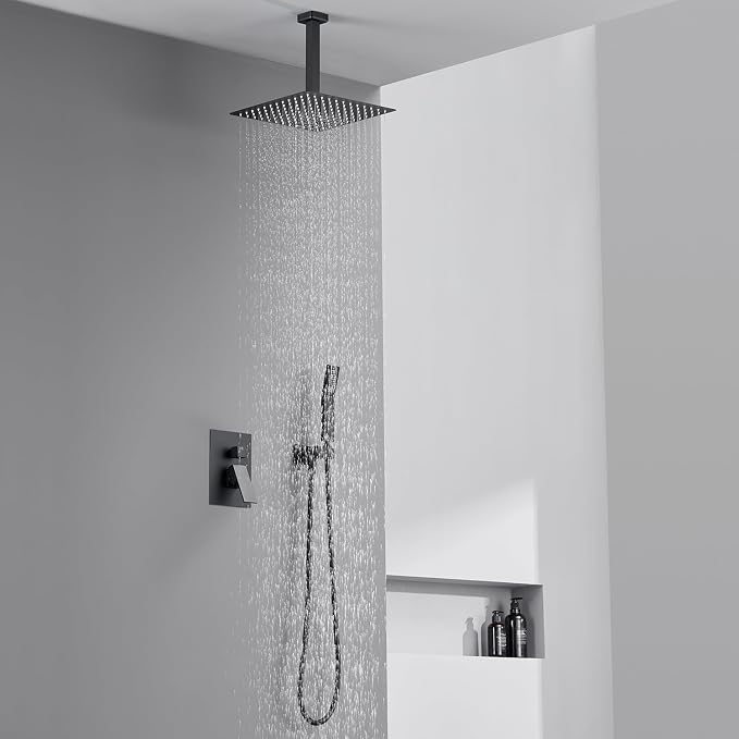 Shower System 12 Inches Rain Shower Combo Set Black Ceiling Mount Shower Faucet - Image 4