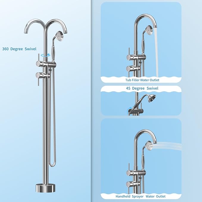 Freestanding Bathtub Faucet, Tub Filler Floor Mount Stand Bathtub Faucet Brass - Image 4
