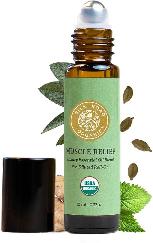 Silk Road Organic Muscle Relief Essential Oil Blend Roll On, 100% Pure USDA by SILKROADORGANIC