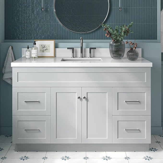 ARIEL 55" Grey Bathroom Vanity 1.5" Edge Pure White Quartz Countertop & Splash by Ariel