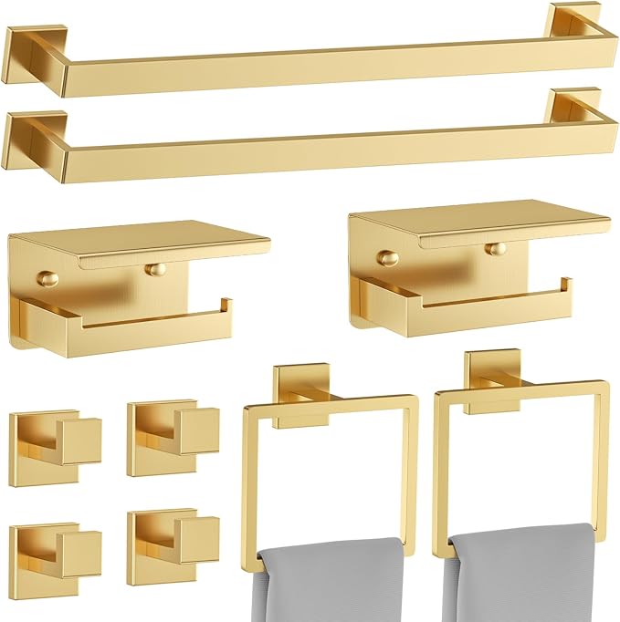 10 Pieces Brushed Gold Towel Bar Set Bathroom Hardware Accessories Set Upgraded by Woekme