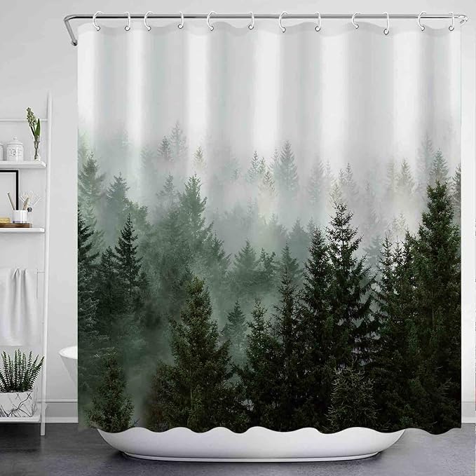 Aipon Green Misty Forest Shower Curtain Nature Tree Shower Curtain Set Dark - Image 5