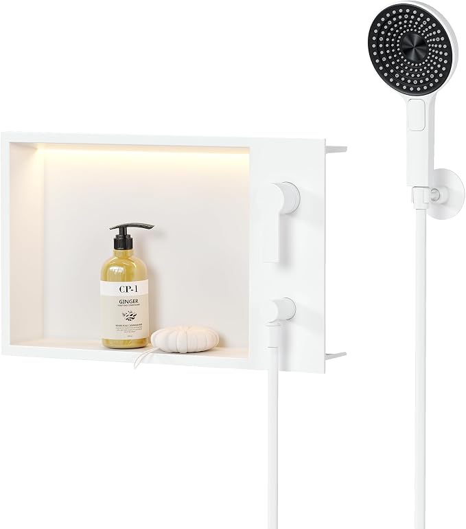 Shower Niche with Round Hand Shower, and LED Light in Matte White/Horizontal by Qeke