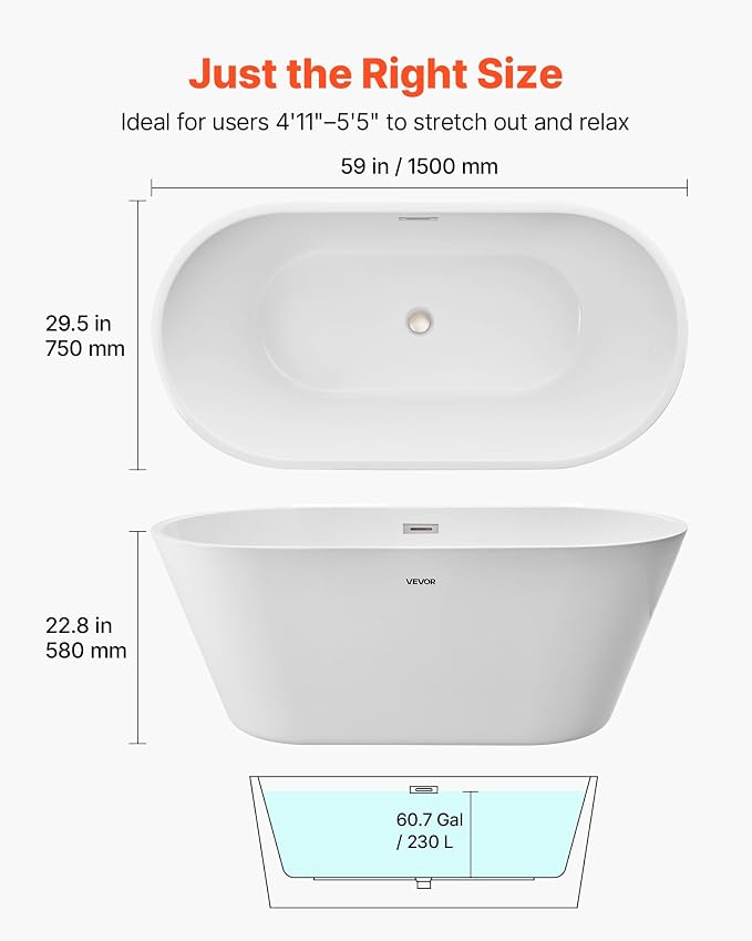 VEVOR Acrylic Freestanding Bathtub, 59 Inch Contemporary Soaking White Tub - Image 2