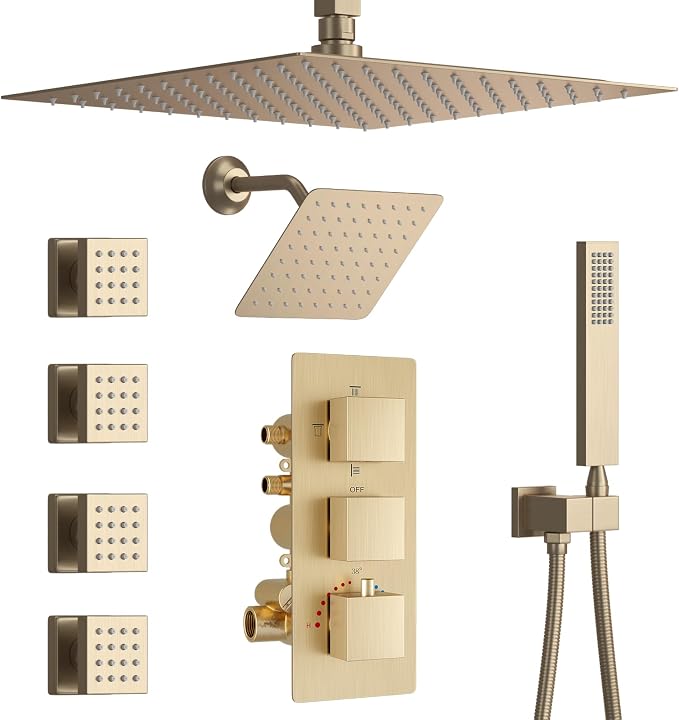 Thermostatic Shower System Brushed Gold Shower Faucet Set, Four Modes Shower by KATAIS