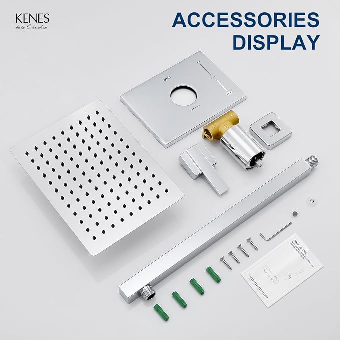 KENES Modern Polished Chrome 10-Inch Shower Head and Handle Set, Square Shower - Image 8