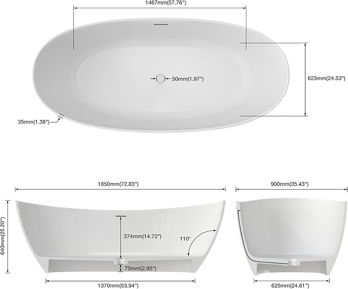 73" Premium Solid Surface Freestanding Bathtub, Contemporary Design Stand Alone - Image 4