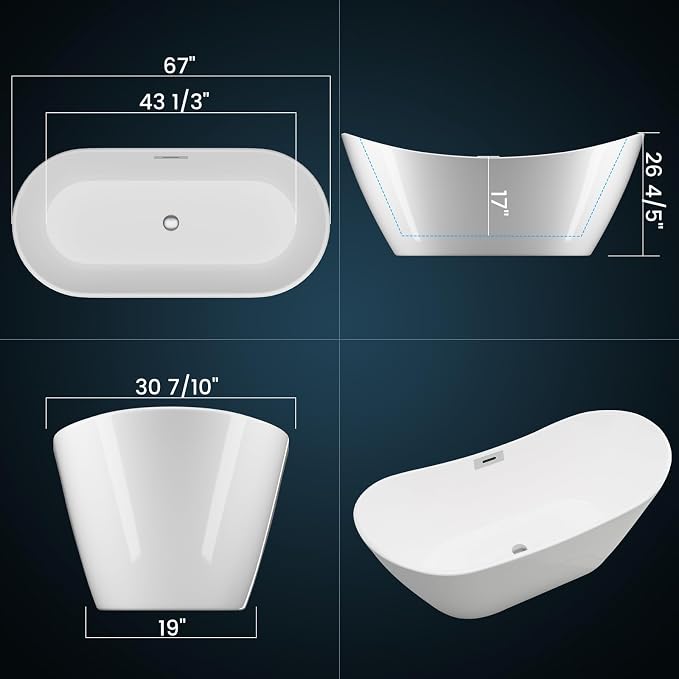 67 in Acrylic Freestanding Bathtub, Contemporary Stand Alone Tub, Glossy White - Image 3