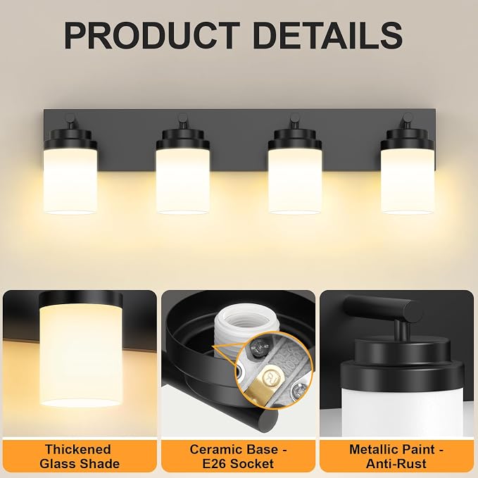 IZORRO Bathroom Vanity Light Fixture, 4-Light 27.5 Inch Matte Black Bathroom - Image 2