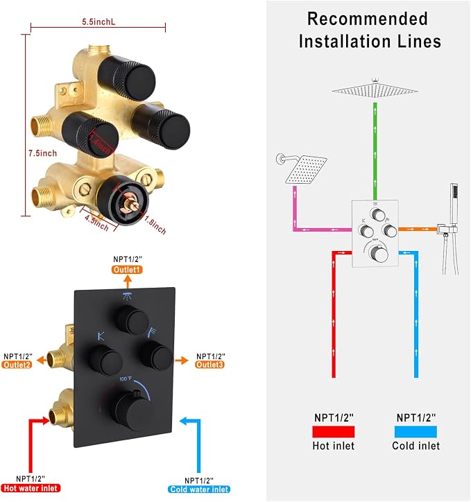 Modern Push Button 3 Way Thermostatic Shower Valve, Concealed Multi Function - Image 7
