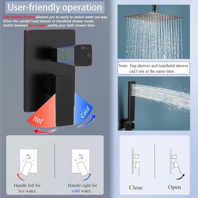 12 Inch Oil Rubbed Bronze Ceiling Mount Shower System Bathroom Luxury Rain - Image 6