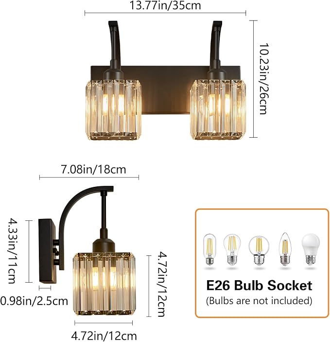 Crystal Vanity Lights 2-Light Black Wall Lamp Modern Crystal Bathroom Light - Image 4