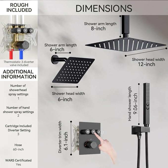 Shower Faucet Set Matte Black Shower System, Can Use All at Once, Thermostatic - Image 6